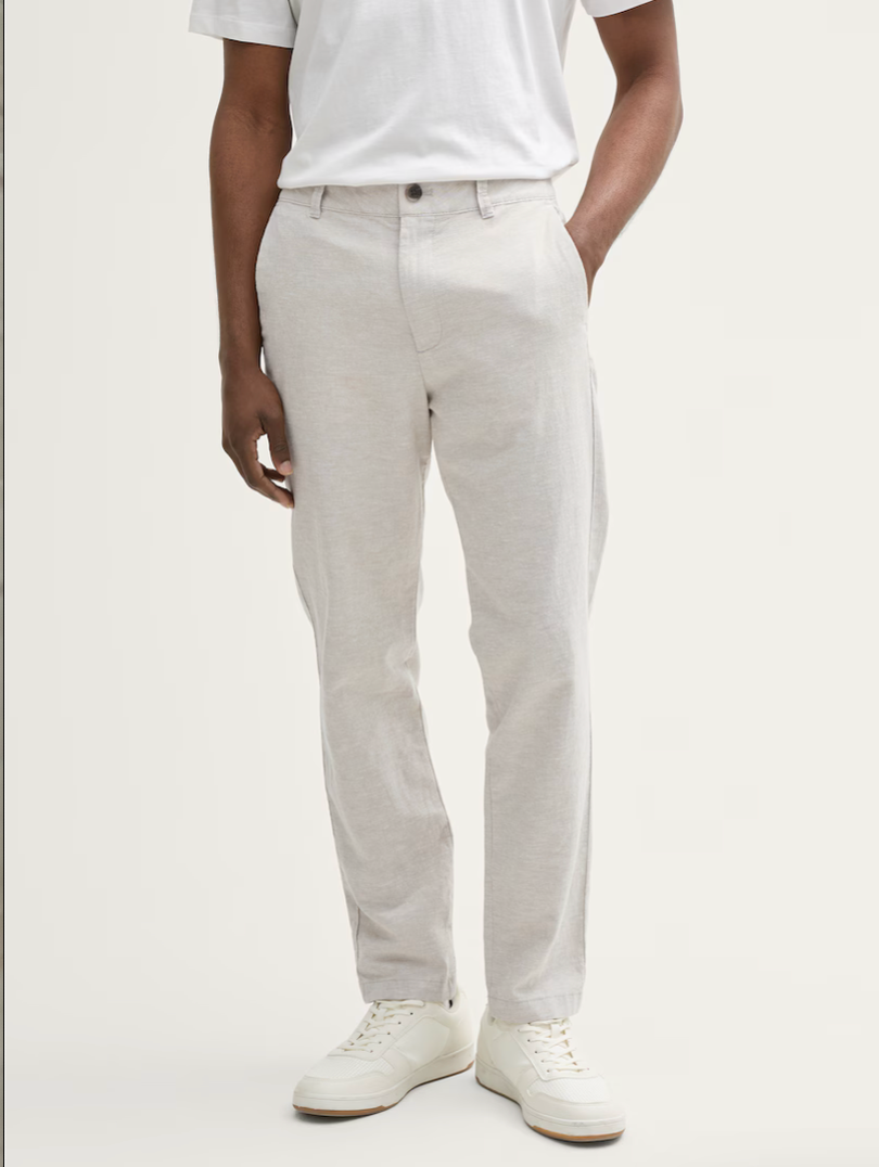 TOM TAILOR | RELAXED TAPPERED LINEN PANTS | BEIGE ABBEY STONE CHAMBRAY
