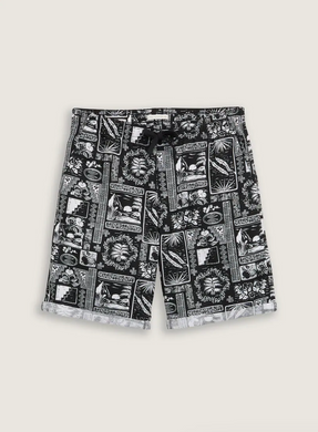 TOM TAILOR | RELAXED LINEN BEACH SHORTS | BLACK WHITE HAWAI PRINT