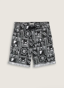 TOM TAILOR | RELAXED LINEN BEACH SHORTS | BLACK WHITE HAWAI PRINT