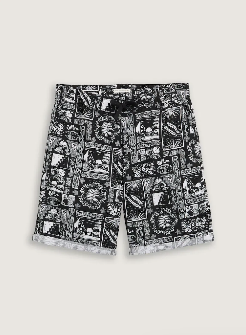 TOM TAILOR | RELAXED LINEN BEACH SHORTS | BLACK WHITE HAWAI PRINT