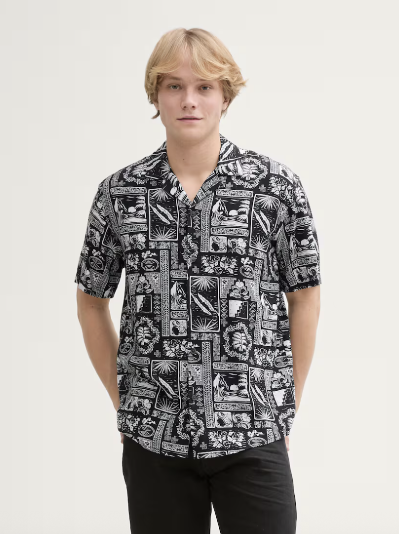 TOM TAILOR | RELAXED VISCOSE LINEN SHIRT | BLACK WHITE HAWAI PRINT