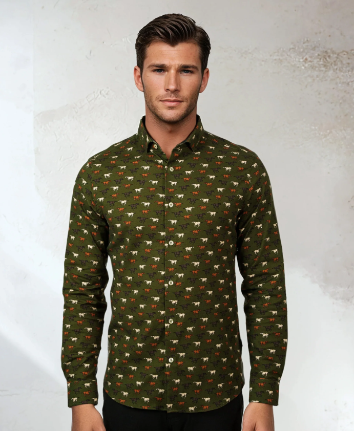STONE ROSE | Long Sleeve woven Printed Wild Stallions shirt | Dark Green