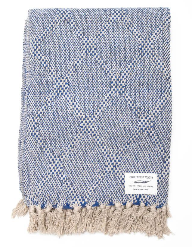 18 Waits | Woven Blanket| Blue and Cream Herringbone Diamonds